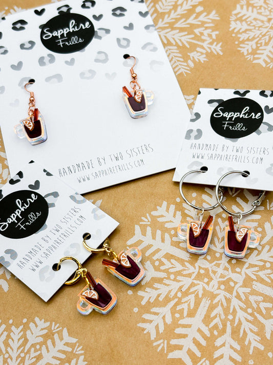 Medium Iridescent Acrylic Mulled Wine Mug Dangle Earrings or Necklace – Hypoallergenic Stainless Steel