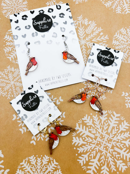Medium Robin Red Breast Marble Acrylic Dangle Earrings or Necklace – Hypoallergenic Stainless Steel