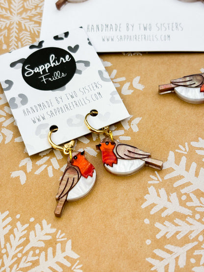 Medium Robin Red Breast Marble Acrylic Dangle Earrings or Necklace – Hypoallergenic Stainless Steel