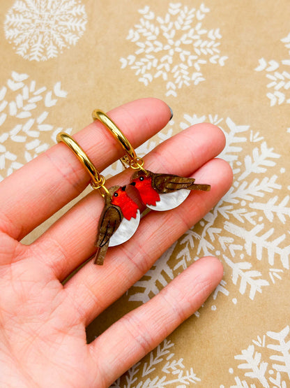 Medium Robin Red Breast Marble Acrylic Dangle Earrings or Necklace – Hypoallergenic Stainless Steel
