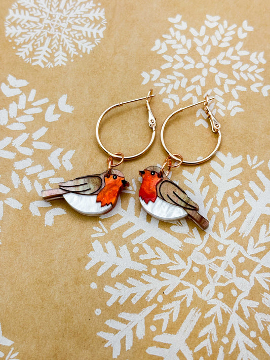 Medium Robin Red Breast Marble Acrylic Dangle Earrings or Necklace – Hypoallergenic Stainless Steel