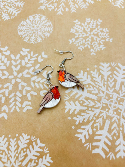 Medium Robin Red Breast Marble Acrylic Dangle Earrings or Necklace – Hypoallergenic Stainless Steel