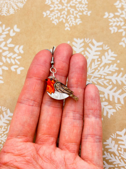 Medium Robin Red Breast Marble Acrylic Dangle Earrings or Necklace – Hypoallergenic Stainless Steel