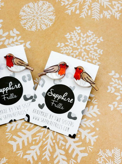 Medium Robin Red Breast Marble Acrylic Stud Earrings – Hypoallergenic Stainless Steel