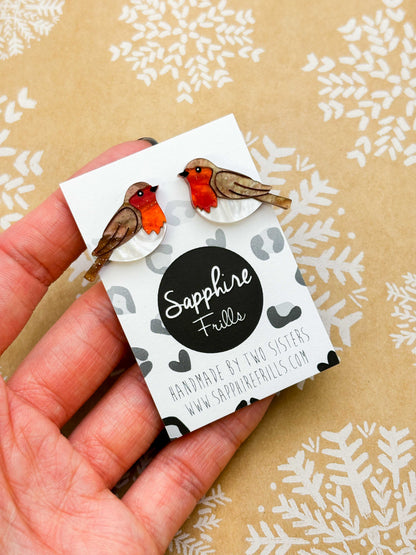 Medium Robin Red Breast Marble Acrylic Stud Earrings – Hypoallergenic Stainless Steel