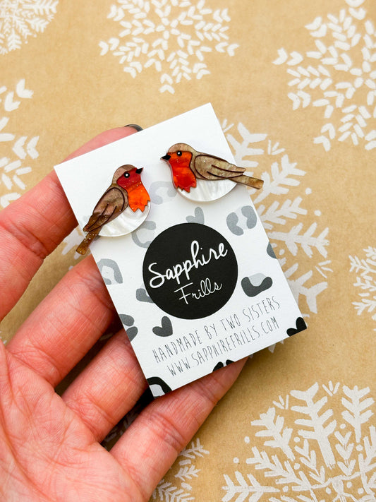 Medium Robin Red Breast Marble Acrylic Stud Earrings – Hypoallergenic Stainless Steel