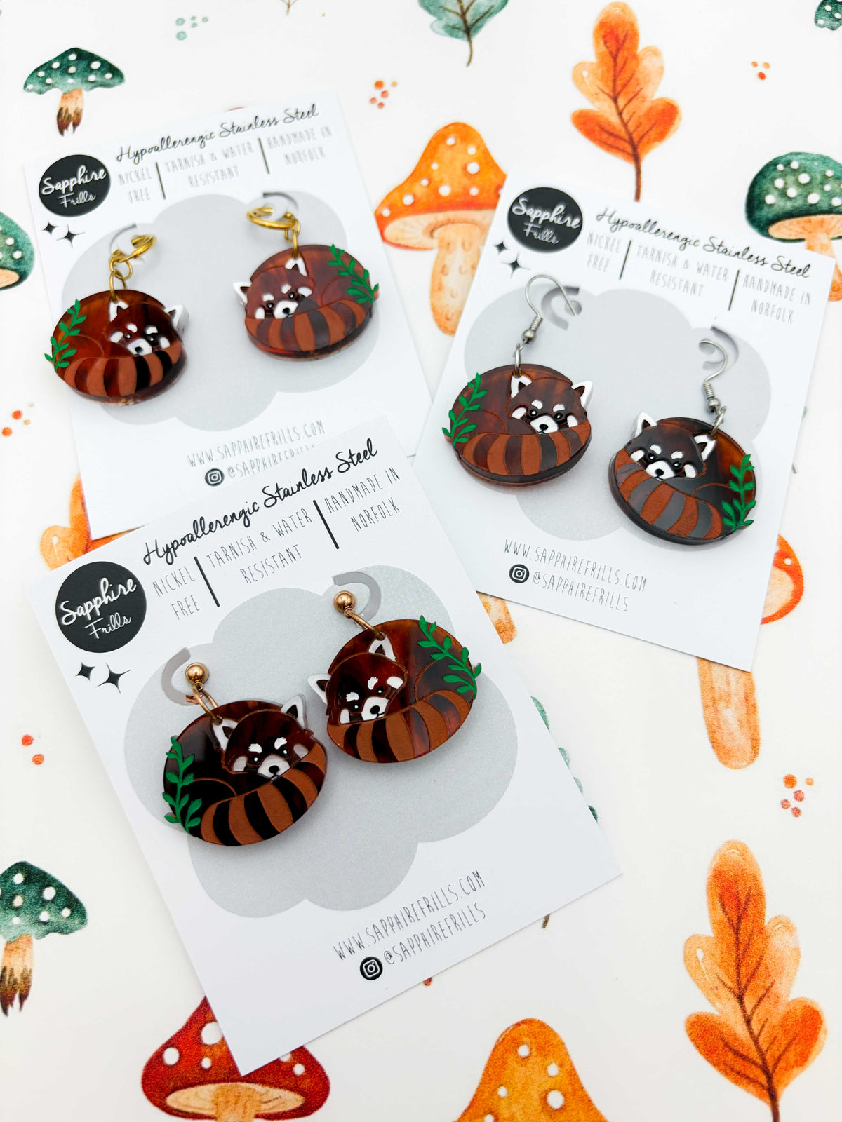 Large Red Panda with Leaves Dangle Earrings or Necklace – Hypoallergenic Stainless Steel