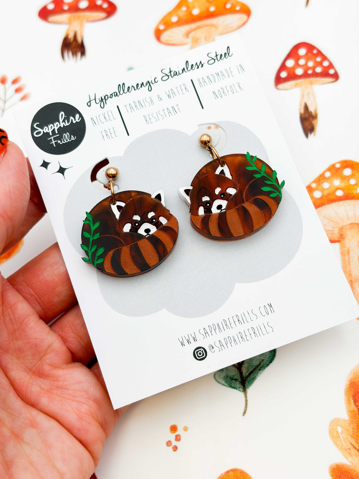 Large Red Panda with Leaves Dangle Earrings or Necklace – Hypoallergenic Stainless Steel