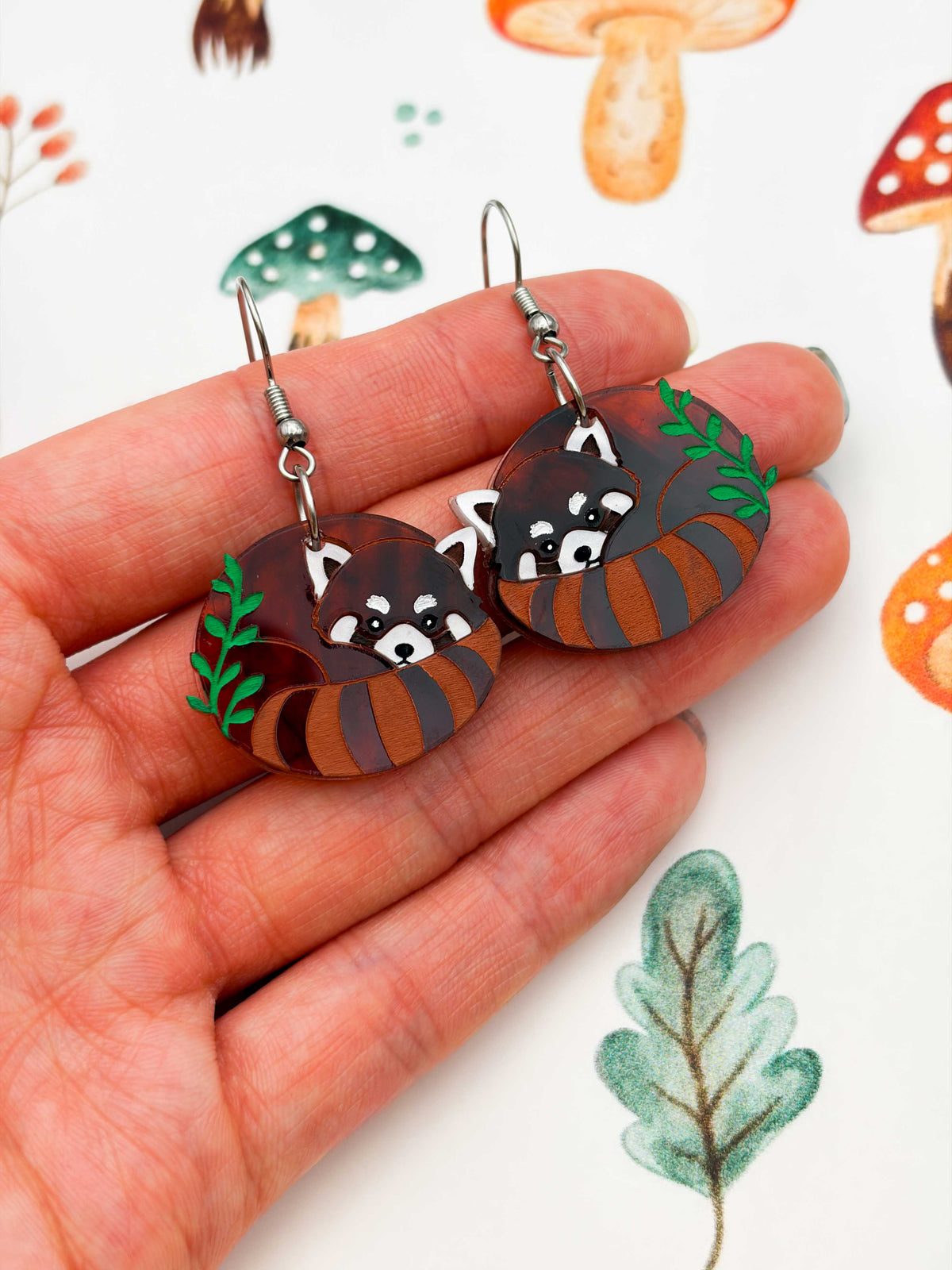 Large Red Panda with Leaves Dangle Earrings or Necklace – Hypoallergenic Stainless Steel