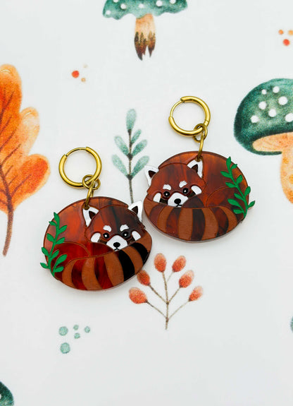 Large Red Panda with Leaves Dangle Earrings or Necklace – Hypoallergenic Stainless Steel