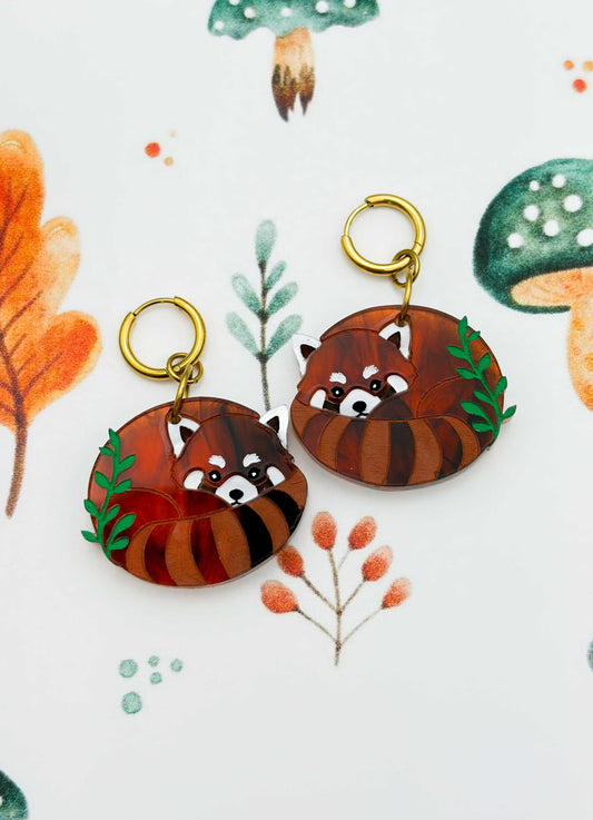 Large Red Panda with Leaves Dangle Earrings or Necklace – Hypoallergenic Stainless Steel