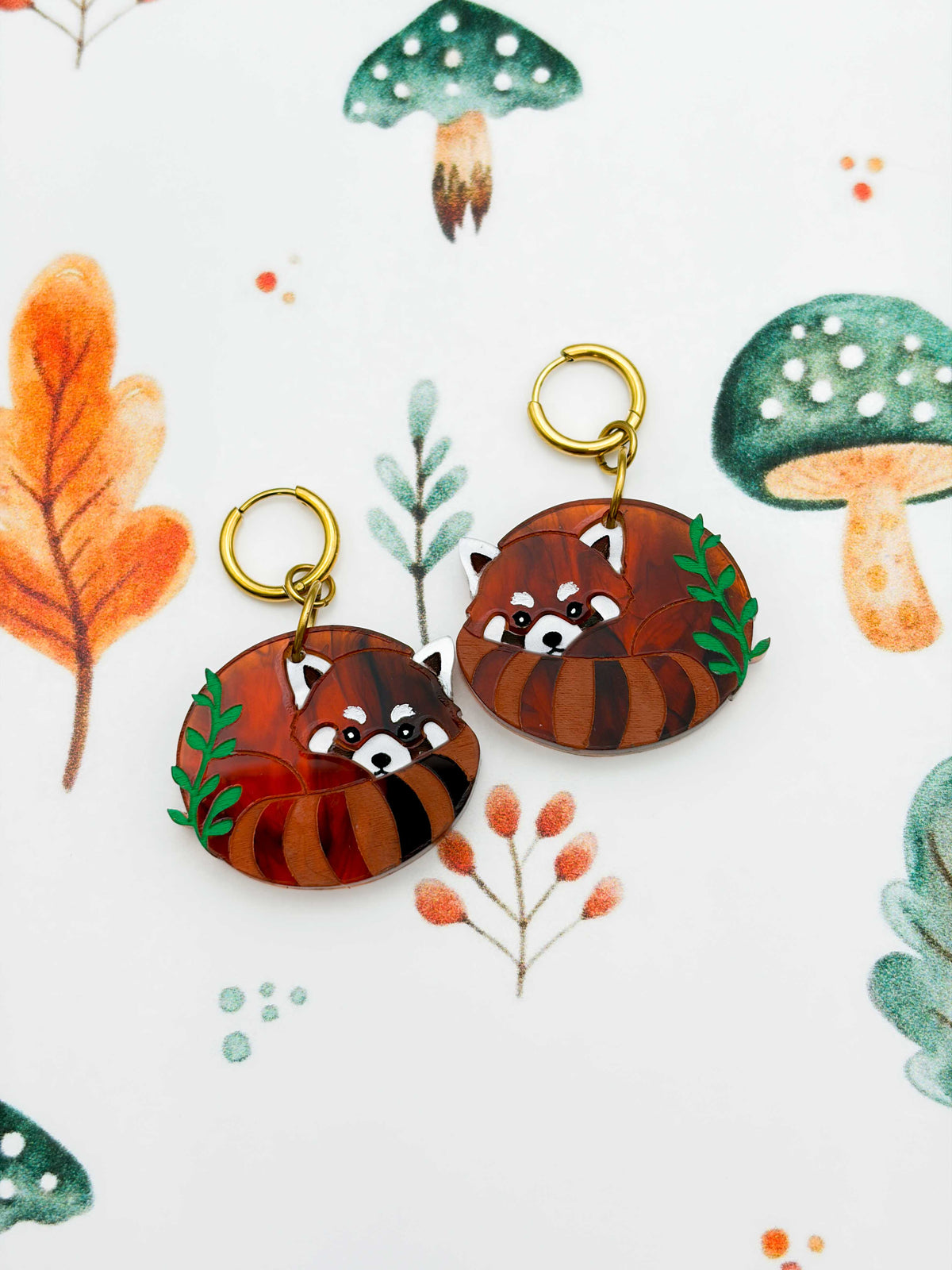 Large Red Panda with Leaves Dangle Earrings or Necklace – Hypoallergenic Stainless Steel