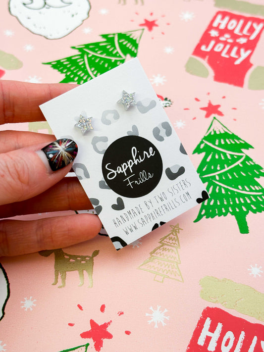 Micro Silver Holographic Glitter Acrylic Star Stud Earrings – Hypoallergenic Stainless Steel