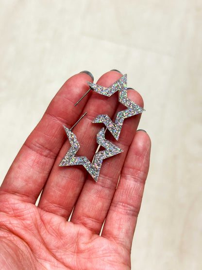 Large Silver Holographic Acrylic Star Hoops – Hypoallergenic Stainless Steel
