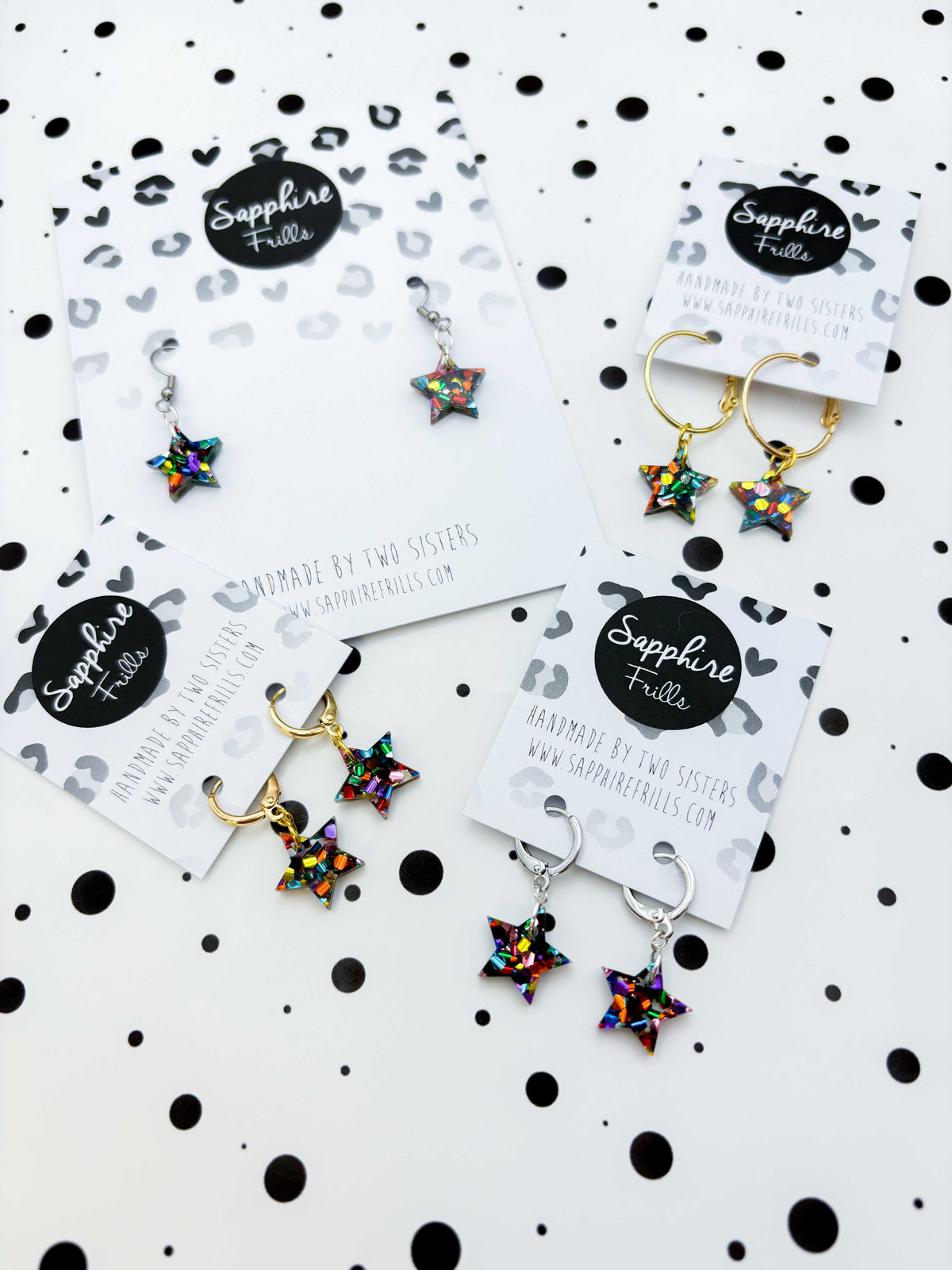 Small Rainbow Chunky Hexagon Sequin Acrylic Star Dangle Earrings or Necklace – Hypoallergenic Stainless Steel