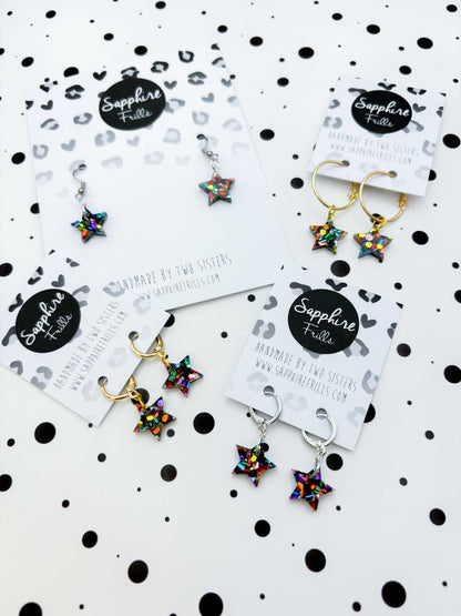 Small Rainbow Chunky Hexagon Sequin Acrylic Star Dangle Earrings or Necklace – Hypoallergenic Stainless Steel