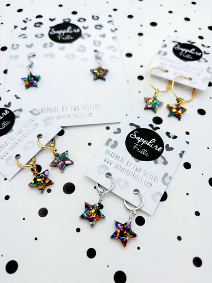Small Rainbow Chunky Hexagon Sequin Acrylic Star Dangle Earrings or Necklace – Hypoallergenic Stainless Steel