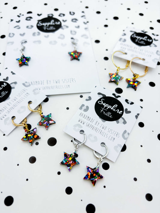 Small Rainbow Chunky Hexagon Sequin Acrylic Star Dangle Earrings or Necklace – Hypoallergenic Stainless Steel