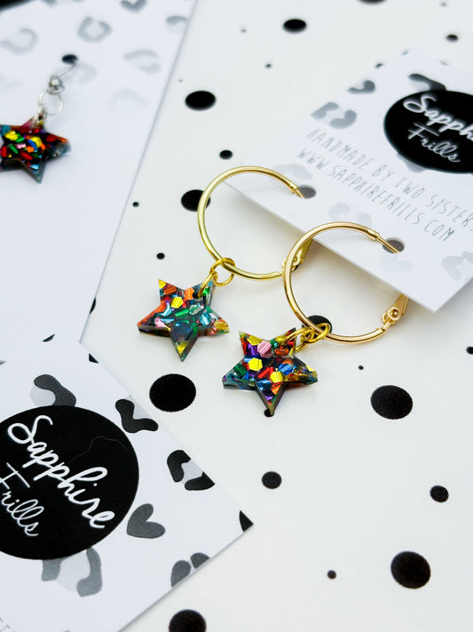 Small Rainbow Chunky Hexagon Sequin Acrylic Star Dangle Earrings or Necklace – Hypoallergenic Stainless Steel