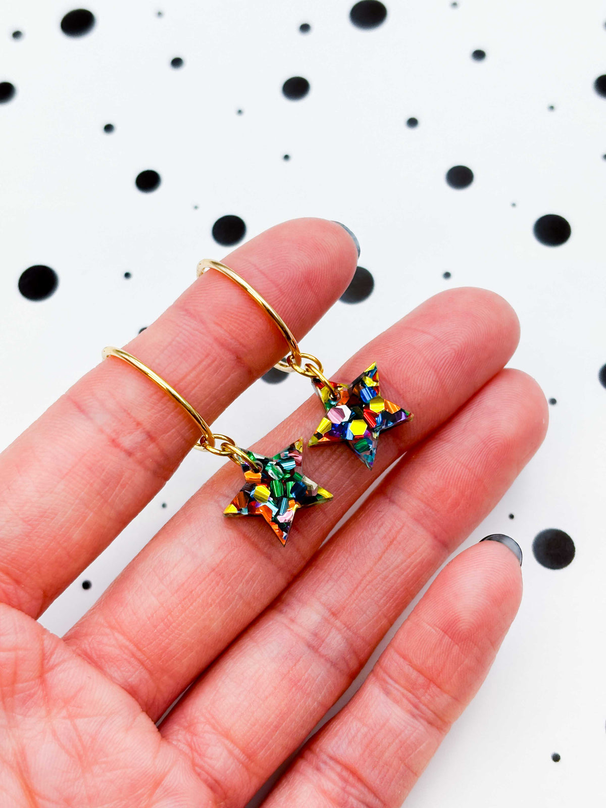 Small Rainbow Chunky Hexagon Sequin Acrylic Star Dangle Earrings or Necklace – Hypoallergenic Stainless Steel