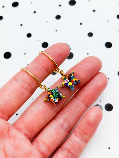Small Rainbow Chunky Hexagon Sequin Acrylic Star Dangle Earrings or Necklace – Hypoallergenic Stainless Steel