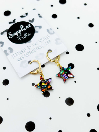 Small Rainbow Chunky Hexagon Sequin Acrylic Star Dangle Earrings or Necklace – Hypoallergenic Stainless Steel