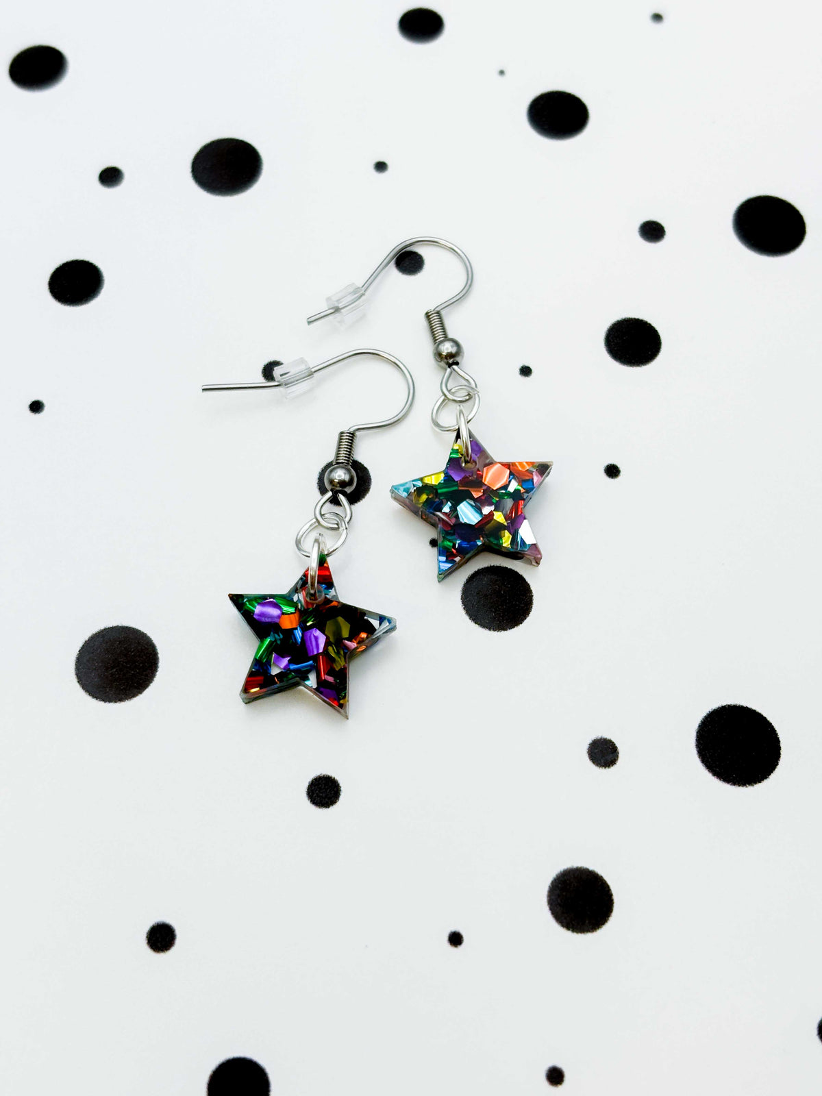 Small Rainbow Chunky Hexagon Sequin Acrylic Star Dangle Earrings or Necklace – Hypoallergenic Stainless Steel