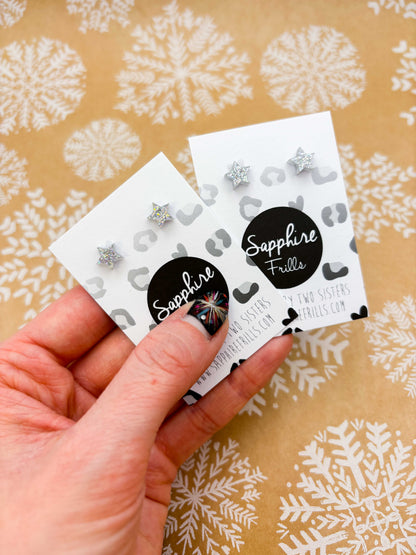 Micro Silver Holographic Glitter Acrylic Star Stud Earrings – Hypoallergenic Stainless Steel