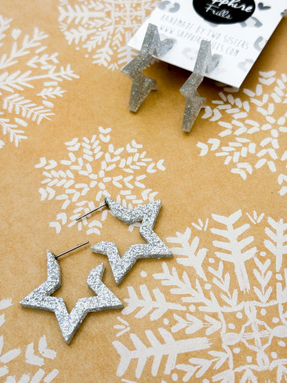Large Silver Holographic Acrylic Star Hoops – Hypoallergenic Stainless Steel