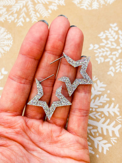 Large Silver Holographic Acrylic Star Hoops – Hypoallergenic Stainless Steel