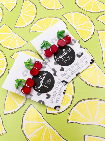 Medium Deep Red Marble Acrylic Cherry Stud Earrings – Hypoallergenic Stainless Steel