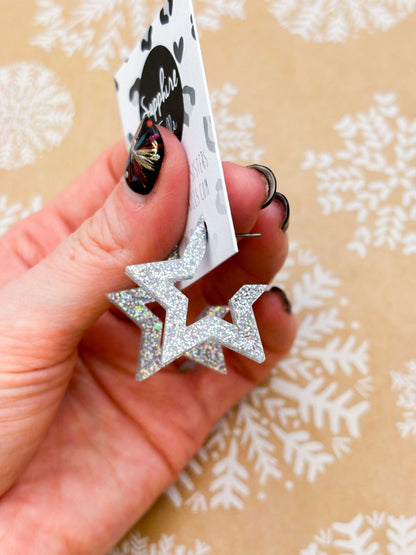 Large Silver Holographic Acrylic Star Hoops – Hypoallergenic Stainless Steel