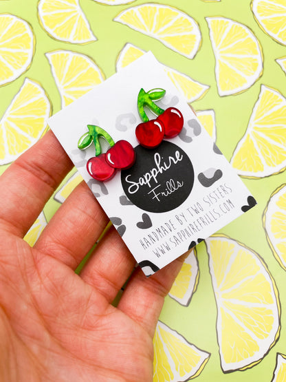 Medium Deep Red Marble Acrylic Cherry Stud Earrings – Hypoallergenic Stainless Steel