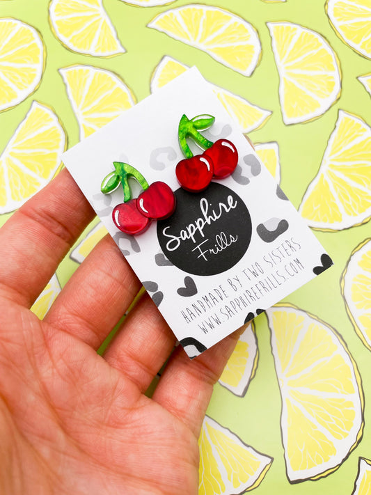 Medium Deep Red Marble Acrylic Cherry Stud Earrings – Hypoallergenic Stainless Steel
