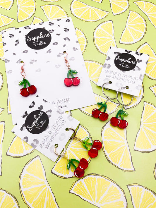 Medium Deep Red Marble Acrylic Cherry Dangle Earrings or Necklace – Hypoallergenic Stainless Steel