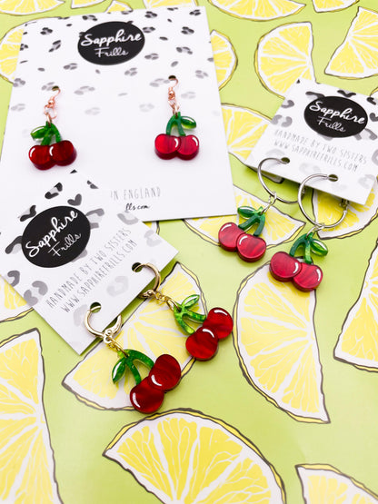 Medium Deep Red Marble Acrylic Cherry Dangle Earrings or Necklace – Hypoallergenic Stainless Steel