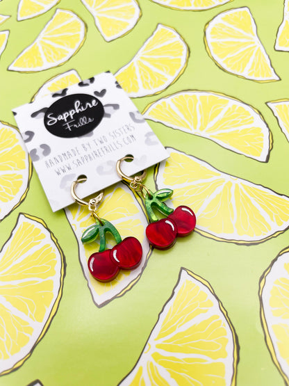Medium Deep Red Marble Acrylic Cherry Dangle Earrings or Necklace – Hypoallergenic Stainless Steel