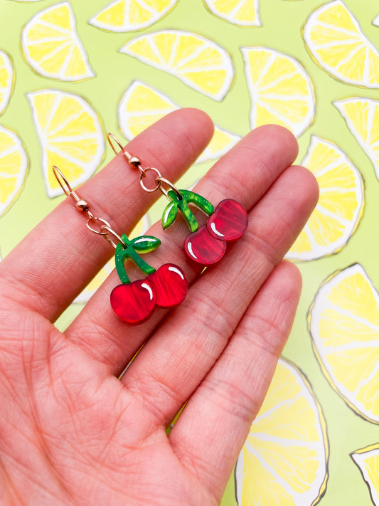 Medium Deep Red Marble Acrylic Cherry Dangle Earrings or Necklace – Hypoallergenic Stainless Steel