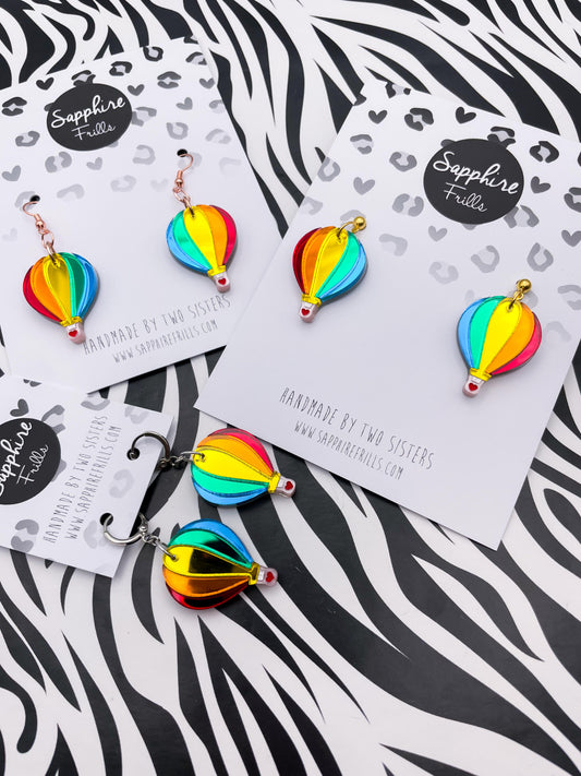 Bright Rainbow Mirror Acrylic Hot Air Balloon Dangle Earrings or Necklace – Hypoallergenic Stainless Steel