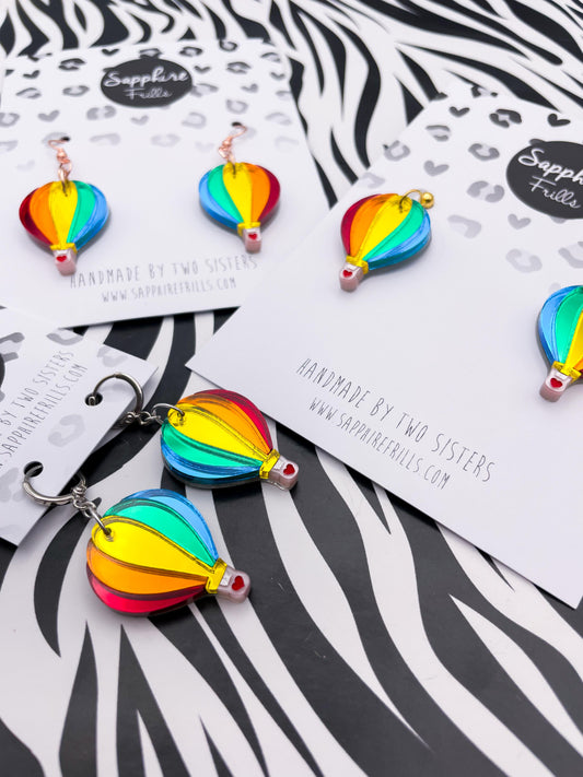 Bright Rainbow Mirror Acrylic Hot Air Balloon Dangle Earrings or Necklace – Hypoallergenic Stainless Steel