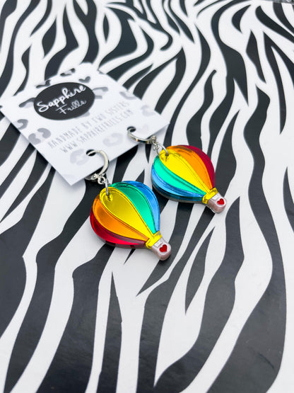 Bright Rainbow Mirror Acrylic Hot Air Balloon Dangle Earrings or Necklace – Hypoallergenic Stainless Steel