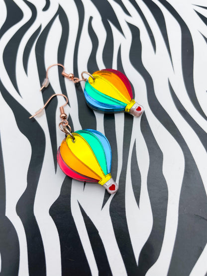 Bright Rainbow Mirror Acrylic Hot Air Balloon Dangle Earrings or Necklace – Hypoallergenic Stainless Steel