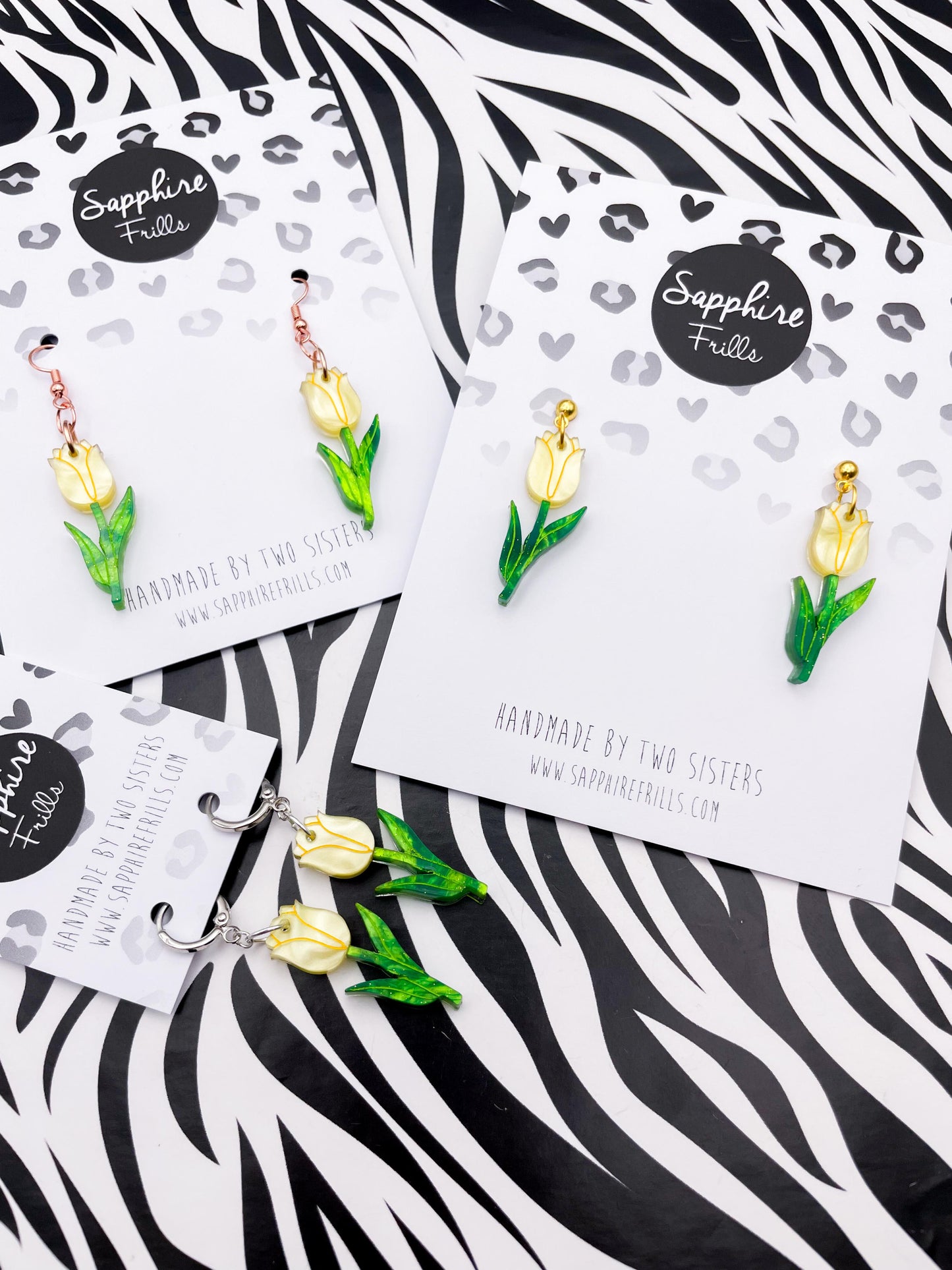 Large Yellow and Green Glitter Marble Acrylic Tulip Dangle Earrings