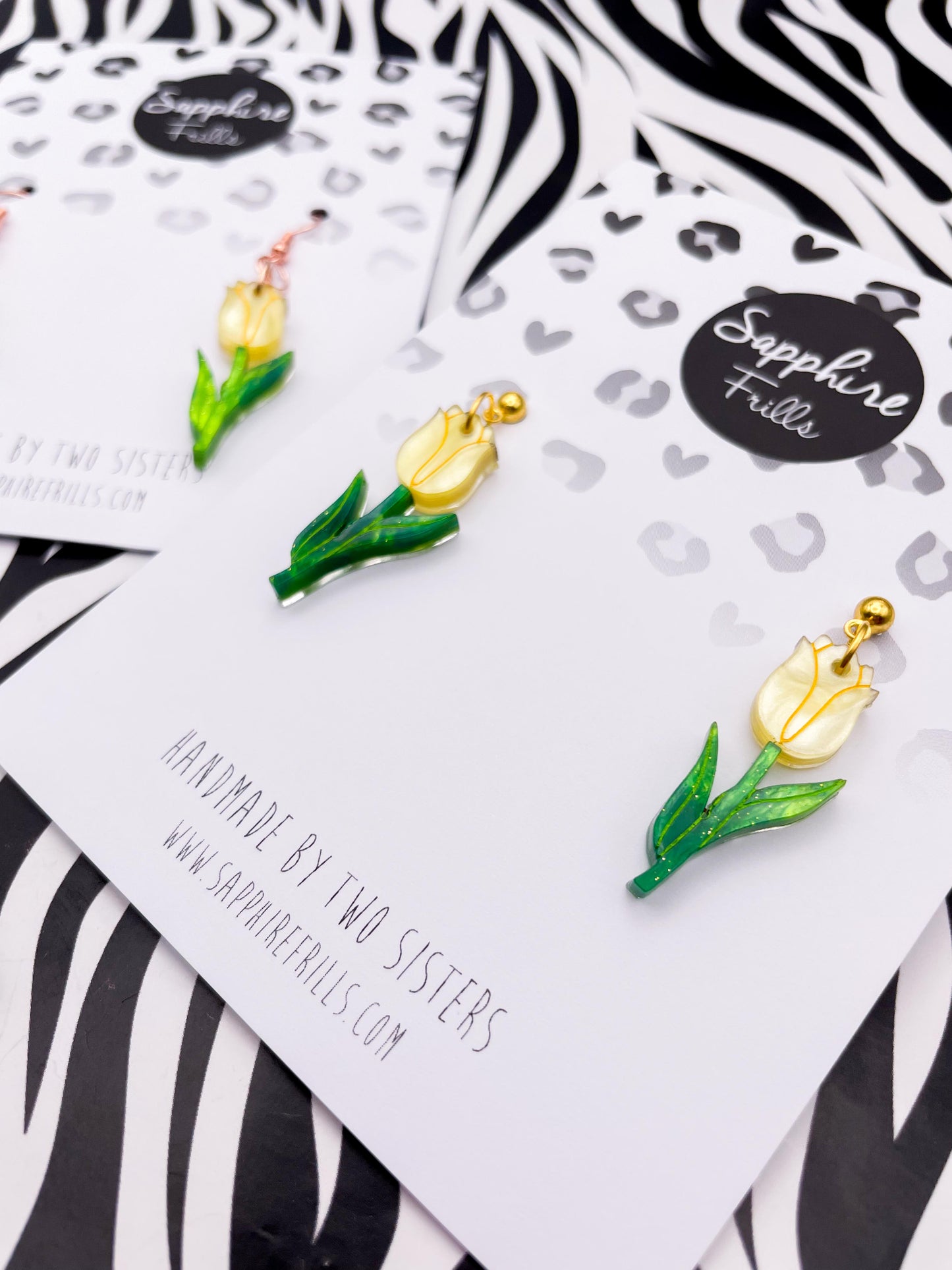 Large Yellow and Green Glitter Marble Acrylic Tulip Dangle Earrings