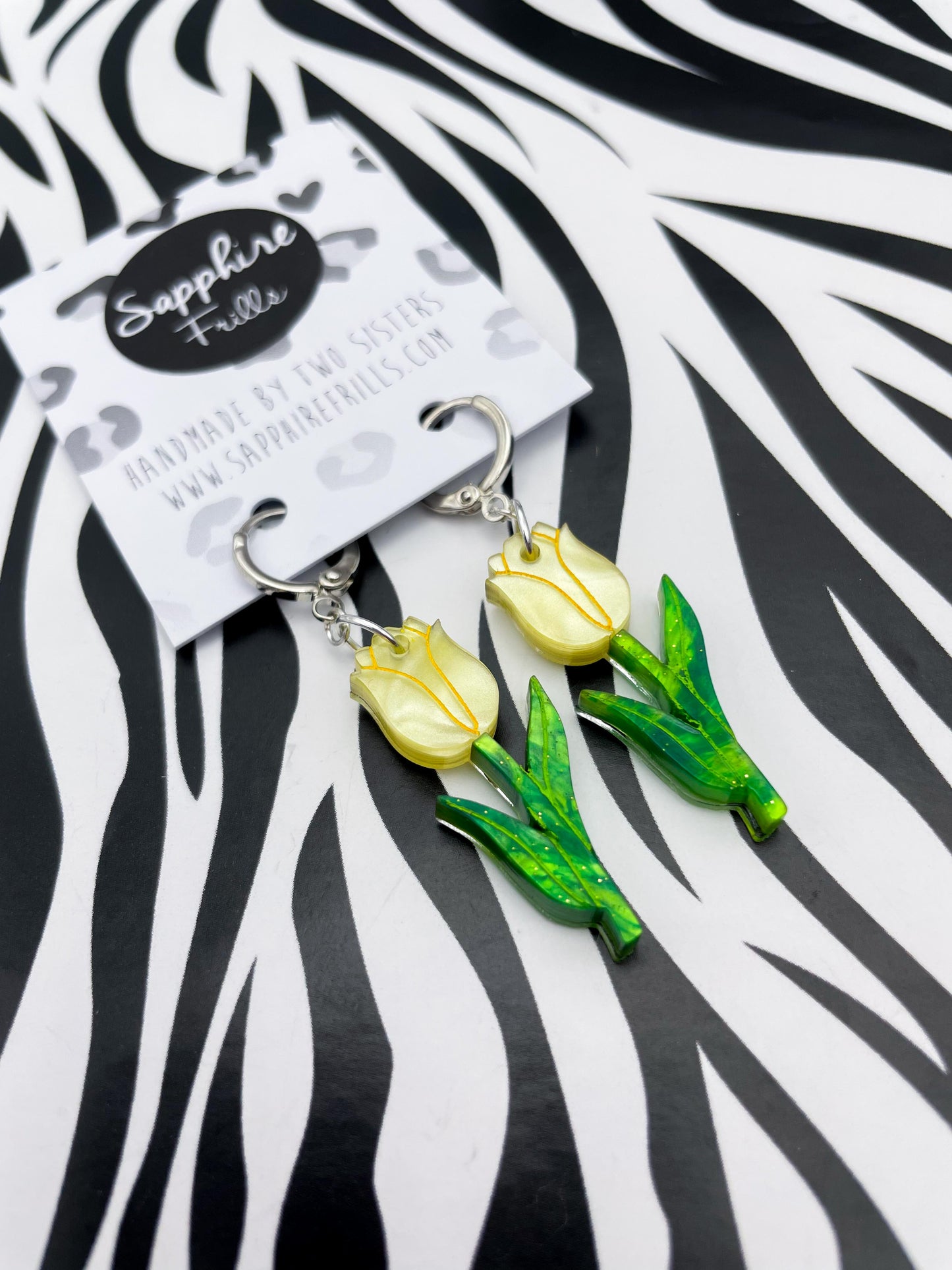 Large Yellow and Green Glitter Marble Acrylic Tulip Dangle Earrings