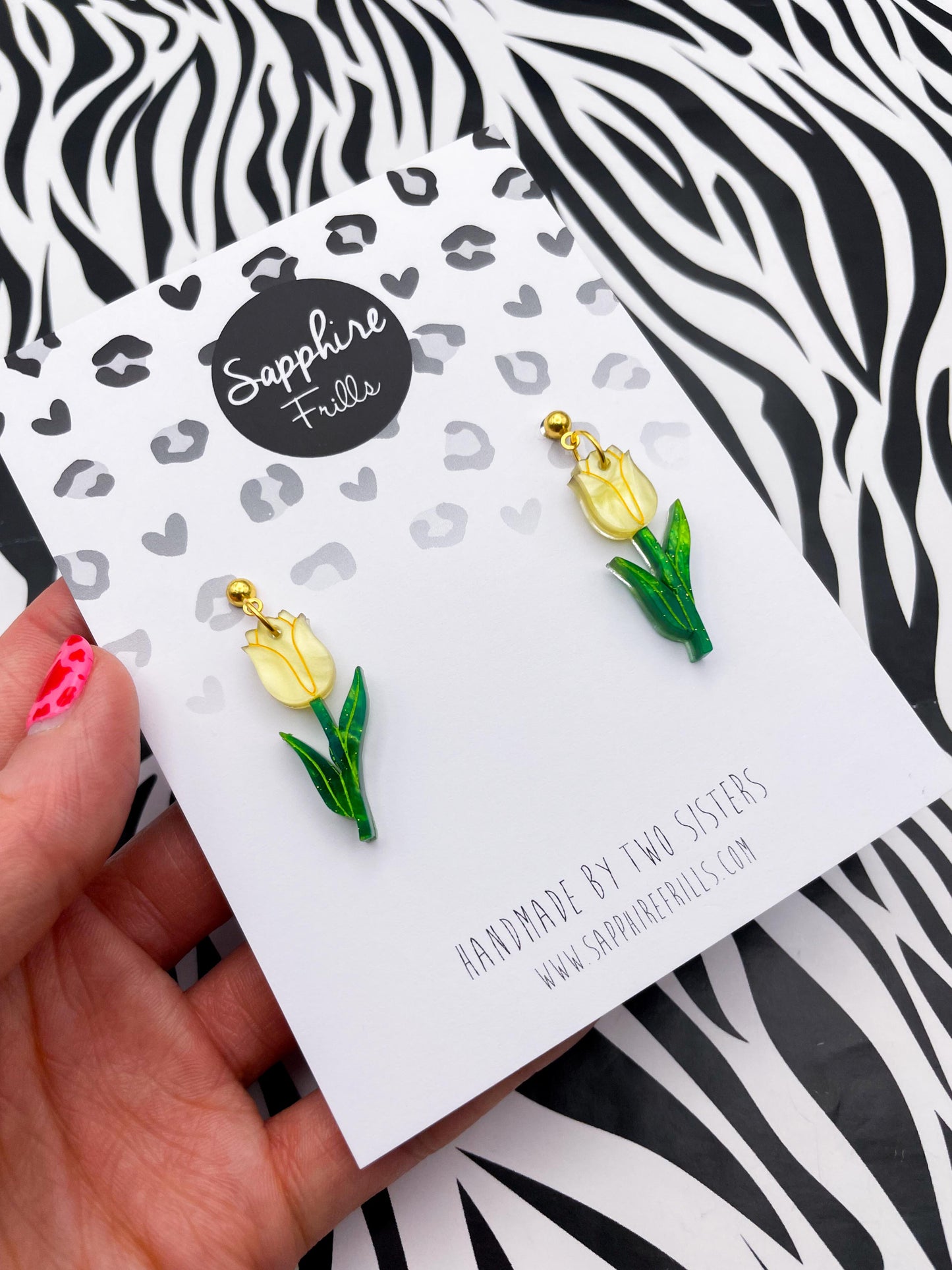 Large Yellow and Green Glitter Marble Acrylic Tulip Dangle Earrings