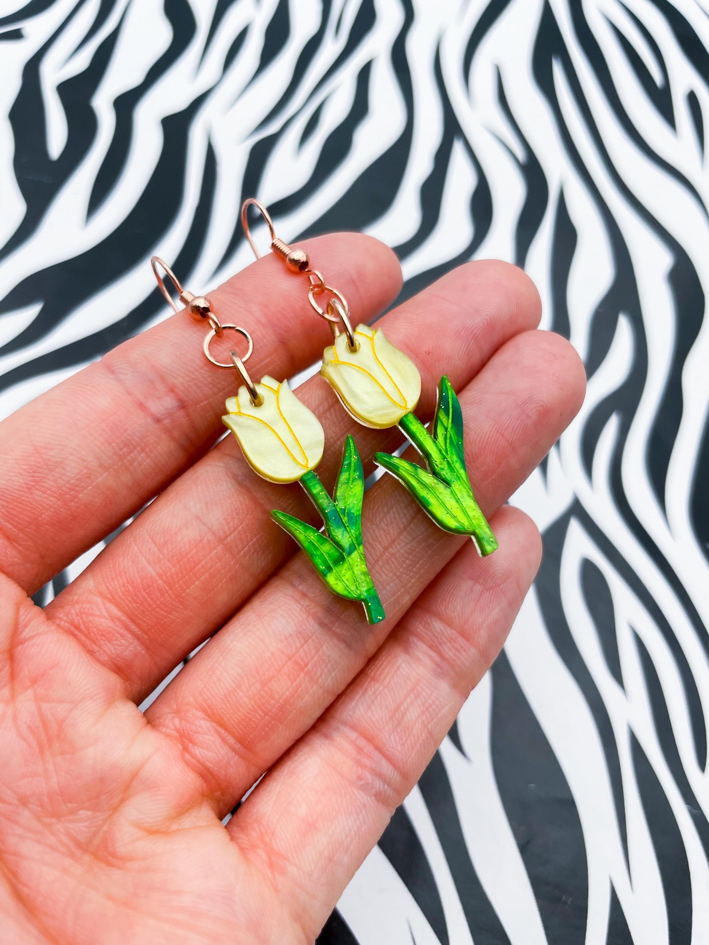 Large Yellow and Green Glitter Marble Acrylic Tulip Dangle Earrings