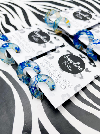 Medium Ocean Blue Ink Marble Acrylic Circle Hoops – Hypoallergenic Stainless Steel