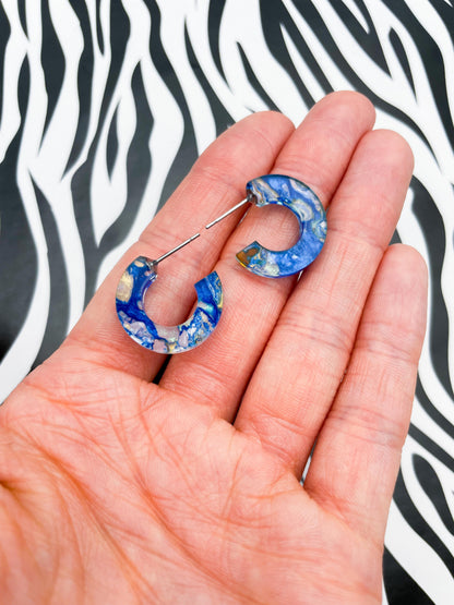 Medium Ocean Blue Ink Marble Acrylic Circle Hoops – Hypoallergenic Stainless Steel
