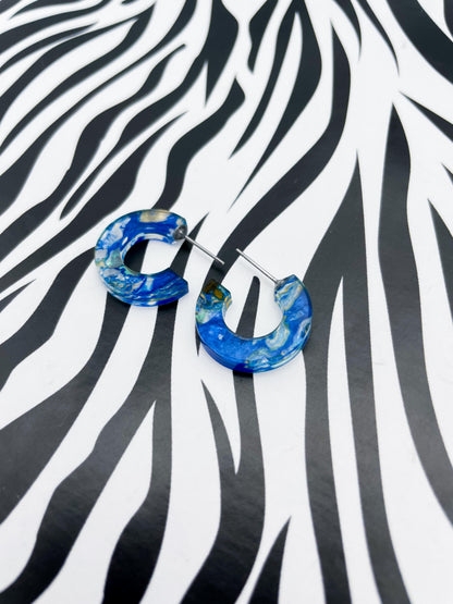 Medium Ocean Blue Ink Marble Acrylic Circle Hoops – Hypoallergenic Stainless Steel